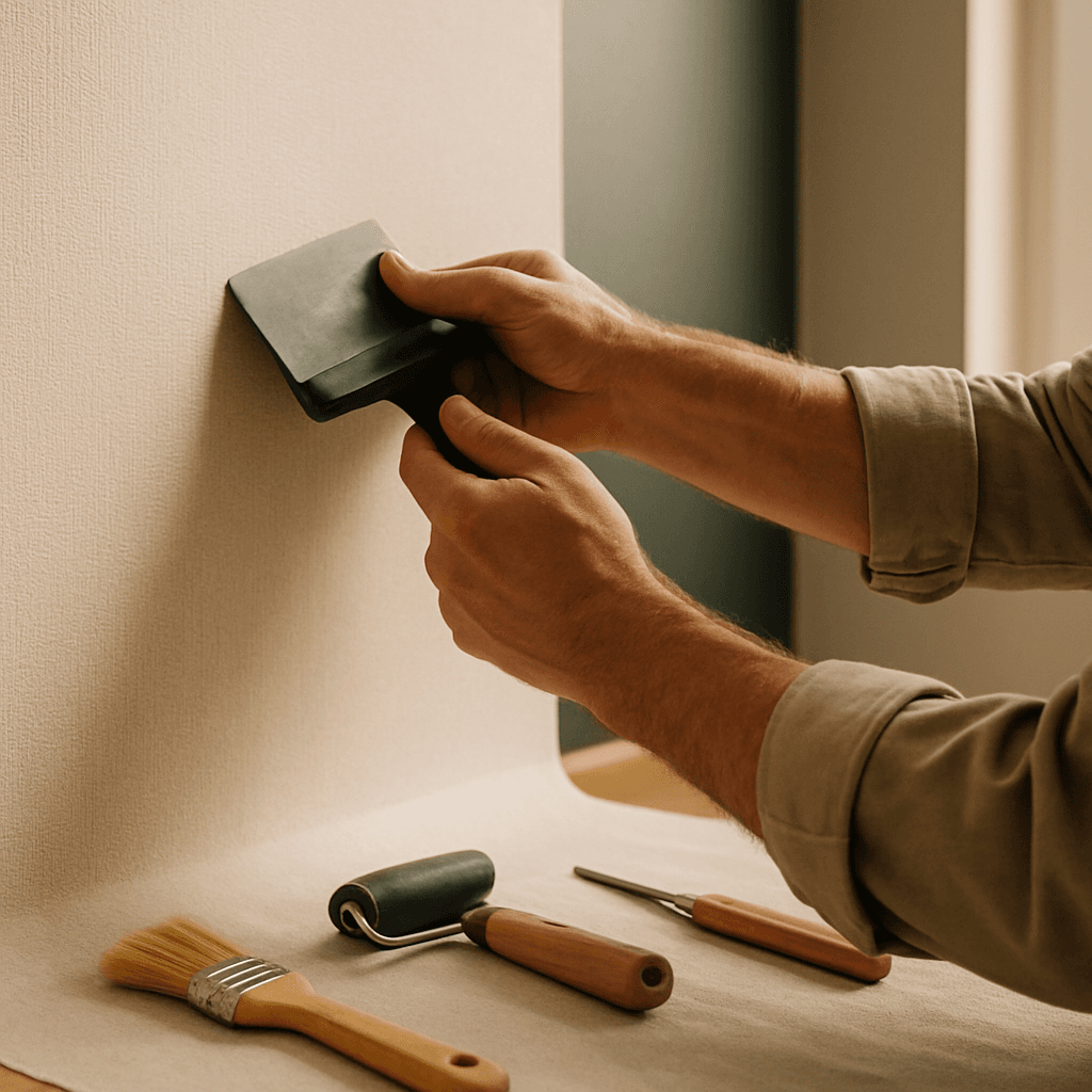 Handwerker-Hände beim sorgfältigen Tapezieren in einer hellen Wohnung