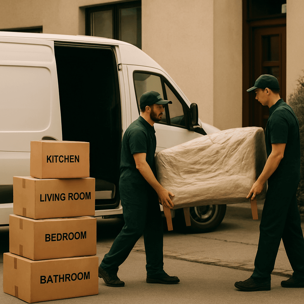 Ordentlich gestapelte Umzugskartons neben einem sauberen weißen Transporter