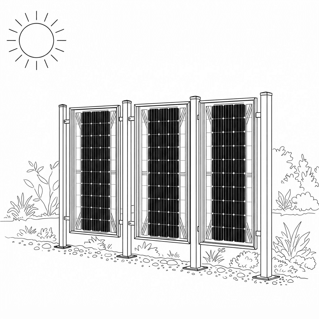 Illustration eines Gartenzauns mit integrierten vertikalen Solarmodulen